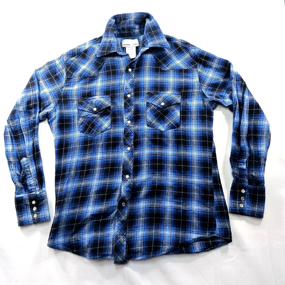 Wrangler Wrancher Mens Blue Black Plaid Flannel Western Pearl Snap Shirt Medium